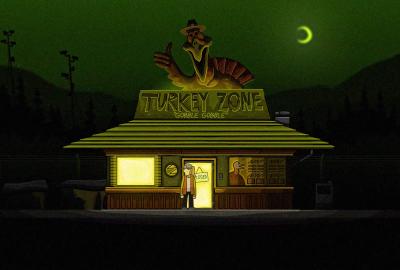 A woman stands beside a fast food restaurant at night