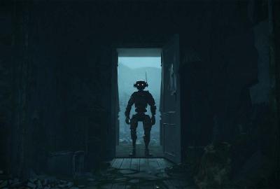 A robot looks through a door