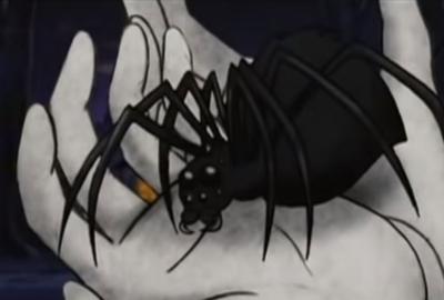 Deadtime Stories animated hand holds a big black spider