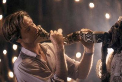 The Serpent and the Rainbow film still snake attacks mans face.